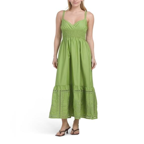 Green Smocked Waist Eyelet Midi Dress Sleeveless Size M NWT Moon River - Picture 1 of 13